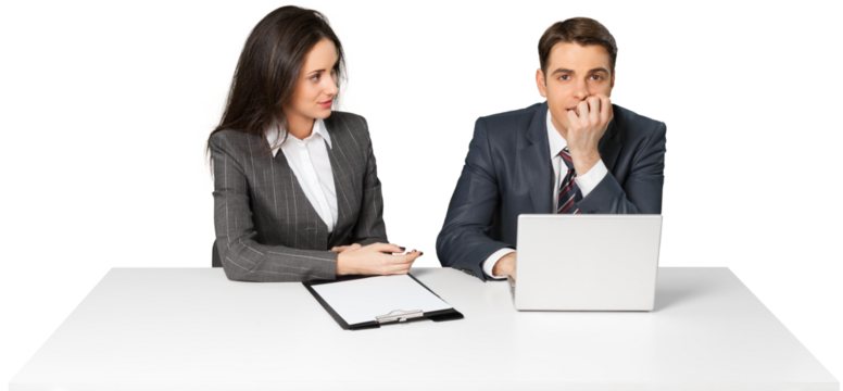 Coworkers Working at Desk with Laptop and Clipboard - Isolated