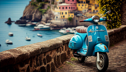 Scooter in village on the beach - obrazy, fototapety, plakaty