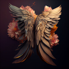 Realistic angel wings with feathers and flowers