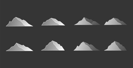 set of mountain icons with striped line motif