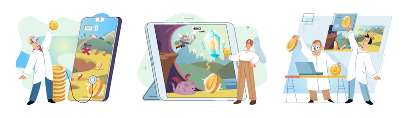 Gaming with cryptocurrency, gameplay to earn, Metaverse, digital world, virtual character . Play to earn games created on basis of blockchain project with elements of NFT. Blackchain mobile game