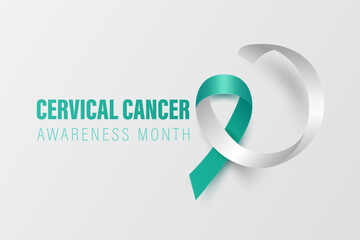 Cervical Cancer Banner, Card, Placard with Vector 3d Realistic Teal and White Ribbon on White Background. Cervical Cancer Awareness Month Symbol Closeup. World Cervical Cancer Day Concept