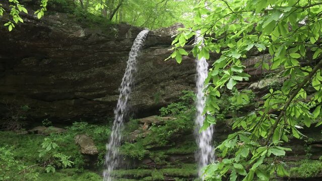 Rare Arkansas twin double waterfall from Ozark Mountains.