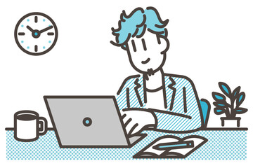 Young man working or studying at home on laptop computer [Vector illustration].