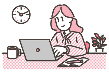 Young woman working and studying at home on laptop computer [Vector illustration].