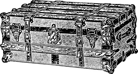 Vintage Trunk Luggage Engraving Etching Drawing isolated on white
