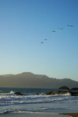 Photo sur Plexiglas Plage de Baker, San Francisco View of the birds flying over Baker Beach in San Francisco, California