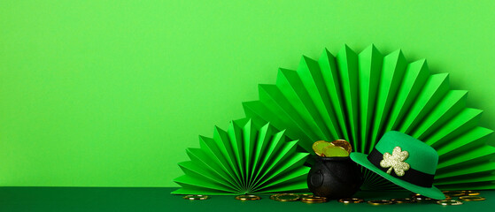 St Patrick's Day banner design. Decorative paper folding fans, leprechauns pot of gold coins,...