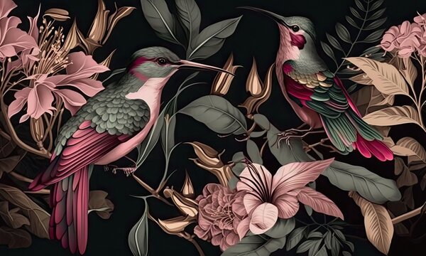 Dark horizontal illustration of some colibri among green leaves as wallpaper or background. Beautiful hummingbirds in foliage, dark oriental style.