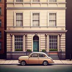 Obraz na płótnie Canvas Minimalistic detail nostalgic house, vintage car parked 