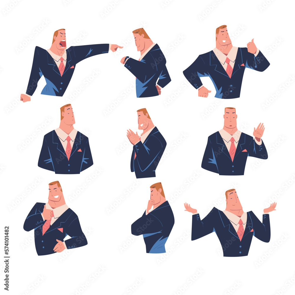 Canvas Prints boss showing various emotions and gesturing set. strong muscular businessman character in blue suit 