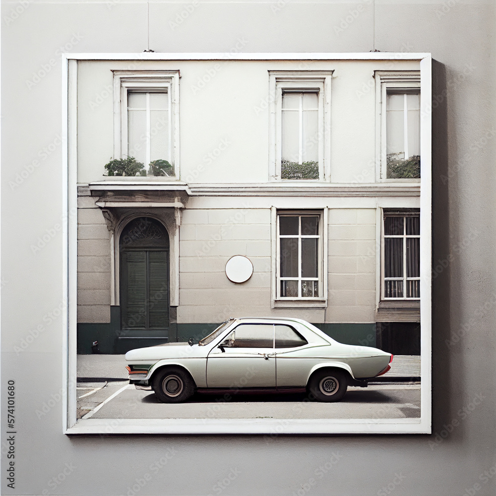 Wall mural Minimalistic detail nostalgic  house, vintage car parked 