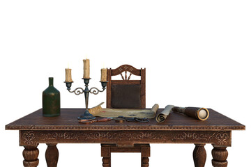Pirate captains table with treasure map, candles and bottle of rum. Isolated 3D illustration.