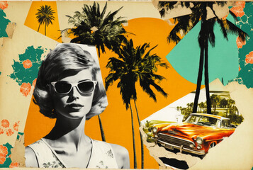 Fashion woman wearing summer dress. Travel vacation 50s retro background. Generative AI - obrazy, fototapety, plakaty