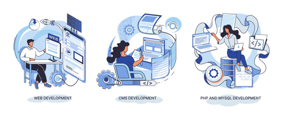 Website architecture concepts metaphor. Web development, PHP and MySQL, CMS, interface design, software testing. Creation digital Software mobile, desktop platforms. Digital content management system