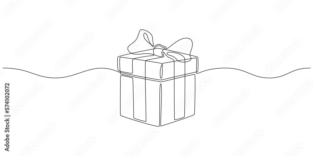 Poster one continuous line drawing of christmas present box. wrapped gift surprise and festive present with