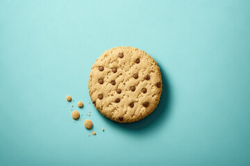 Chocolate chip cookie illustration on a blue background, 3d realistic