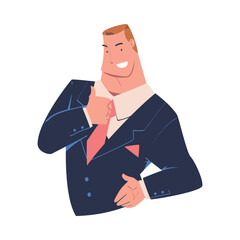 Successful businessman doing thumbs up gesture. Strong muscular man character in blue suit cartoon vector illustration