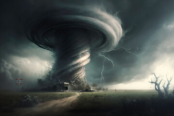 Tornado destroying a house during a severe thunderstorm - Generative AI illustration