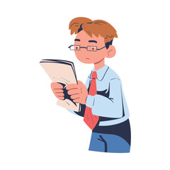 Businessman in glasses reading paper document. Young man character cartoon vector illustration