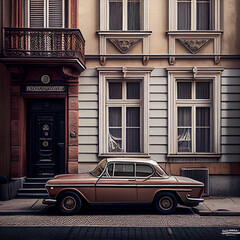 Fototapeta na wymiar Minimalistic detail nostalgic house, vintage car parked 