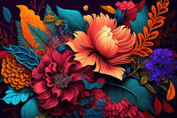 Fototapeta na wymiar Vibrant red fiery flowers illustration on dar background