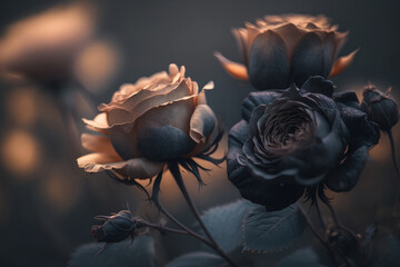 Black roses on a blurry background. Garden flowers background. Generative AI.