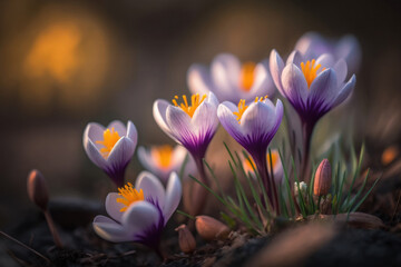 Purple crocus on a blurry background. Spring flowers background. Generative AI.