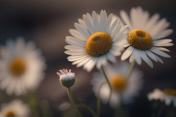 Naklejka premium White daisy flowers on a blurry background. Wild flowers background. Generative AI.