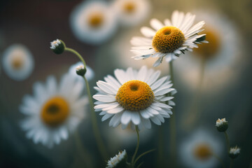 Fototapeta premium White daisy flowers on a blurry background. Wild flowers background. Generative AI.