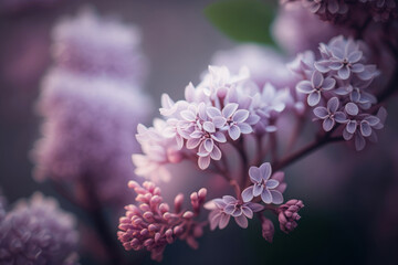 Purple lilac on a blurry background. Spring flowers background. Generative AI.