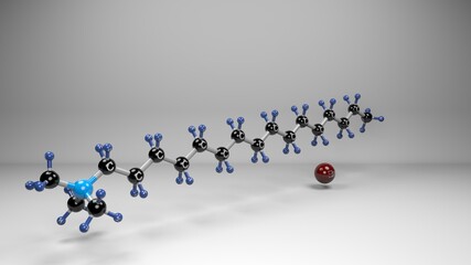 Cetyltrimethylammonium bromide molecule. Molecular structure of CTAB, one of the components of the topical antiseptic cetrimide and has a role as a surfactant and a detergent.