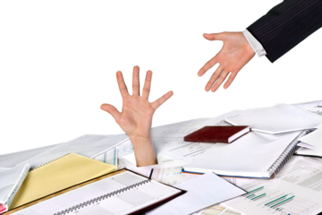 Businessman drowning in paperwork reaching for assistance and support