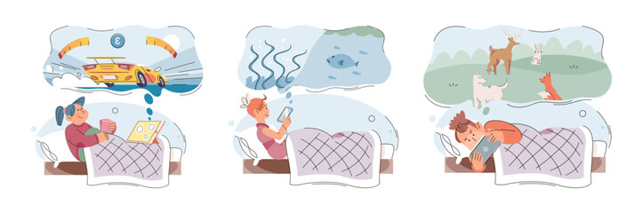 Children at home with phones and tablets set. Kids, toddlers use smart technologies lying in bed before going to sleep. Kids surfing social media, playing game, chatting by video call and use internet