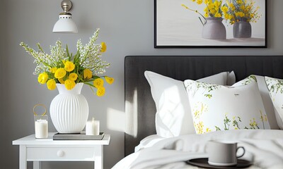 Bright cozy bedroom with yellow flowers in Scandinavian style, generative AI