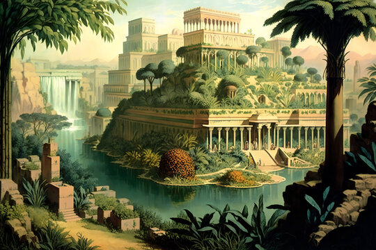 the famous Hanging Gardens of Babylon, a lush oasis in the midst of the  arid desert landscape. The image shows the gardens with intricate  irrigation systems and a variety of plants. generative