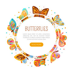 Fototapeta na wymiar Butterflies landing page template. Cute bright colorful insects in circular frame website interface vector illustration