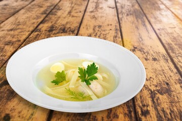 Delicious hot soup dish in plate