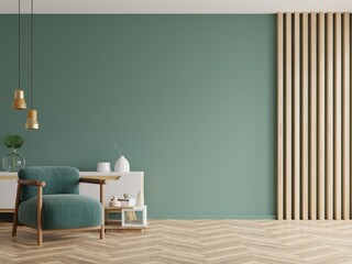Living room with green armchair on empty dark green wall background. - obrazy, fototapety, plakaty