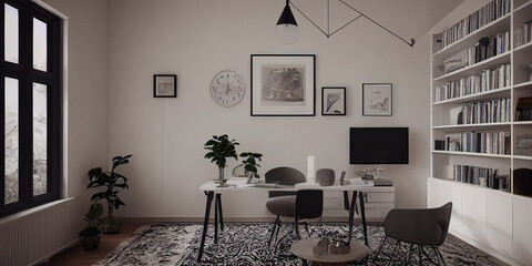 Obraz premium mock up poster frame in boho interior background, wooden living room design, Scandinavian style. Generative AI illustration