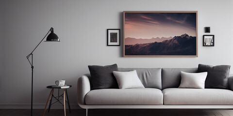 mock up poster frame in modern interior background, living room, Scandinavian style, Generative AI illustration.