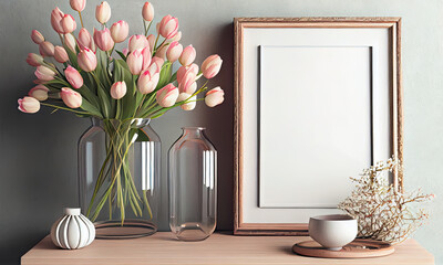 Pink tulips in a vase, the interior of the house in a romantic style, empty frame, generative AI