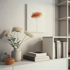 A still life composition with a flower vase on a cabinet next to books and a bookcase. Photorealistic illustration, Generative AI