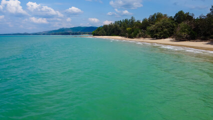 White Sand Beach Khao Lak, Thailand. Aerial panoramic view of the beautiful beach and turquoise waters of the Andaman sea. 