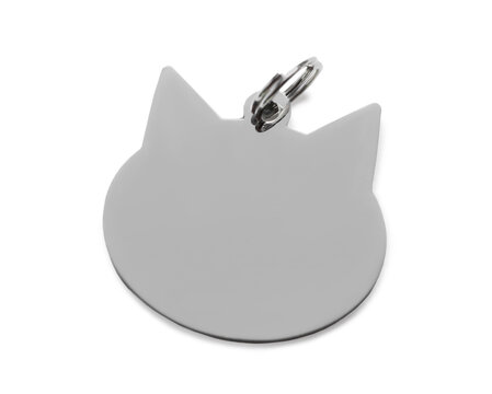 Silver metal cat shaped tag isolated on white. Pet accessory