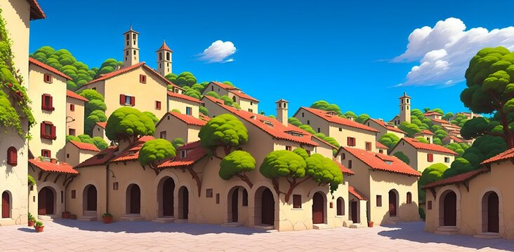 Cartoon mode picture of a small village, quiet peaceful atmosphere with soft light in the blue sky. Generative with AI