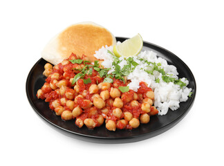 Delicious chickpea curry with rice isolated on white