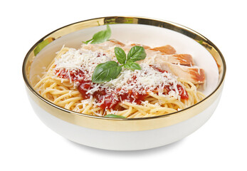 Delicious pasta with tomato sauce, chicken and parmesan cheese isolated on white