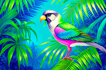 Obraz na płótnie Canvas Paradise bird, tropical exotic jungle plants leaves flowers abstract pastel color. Generative AI