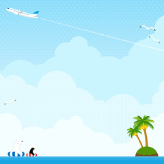 Obraz na płótnie Canvas 南国の海と、その上を飛ぶ飛行機　背景素材（正方形）